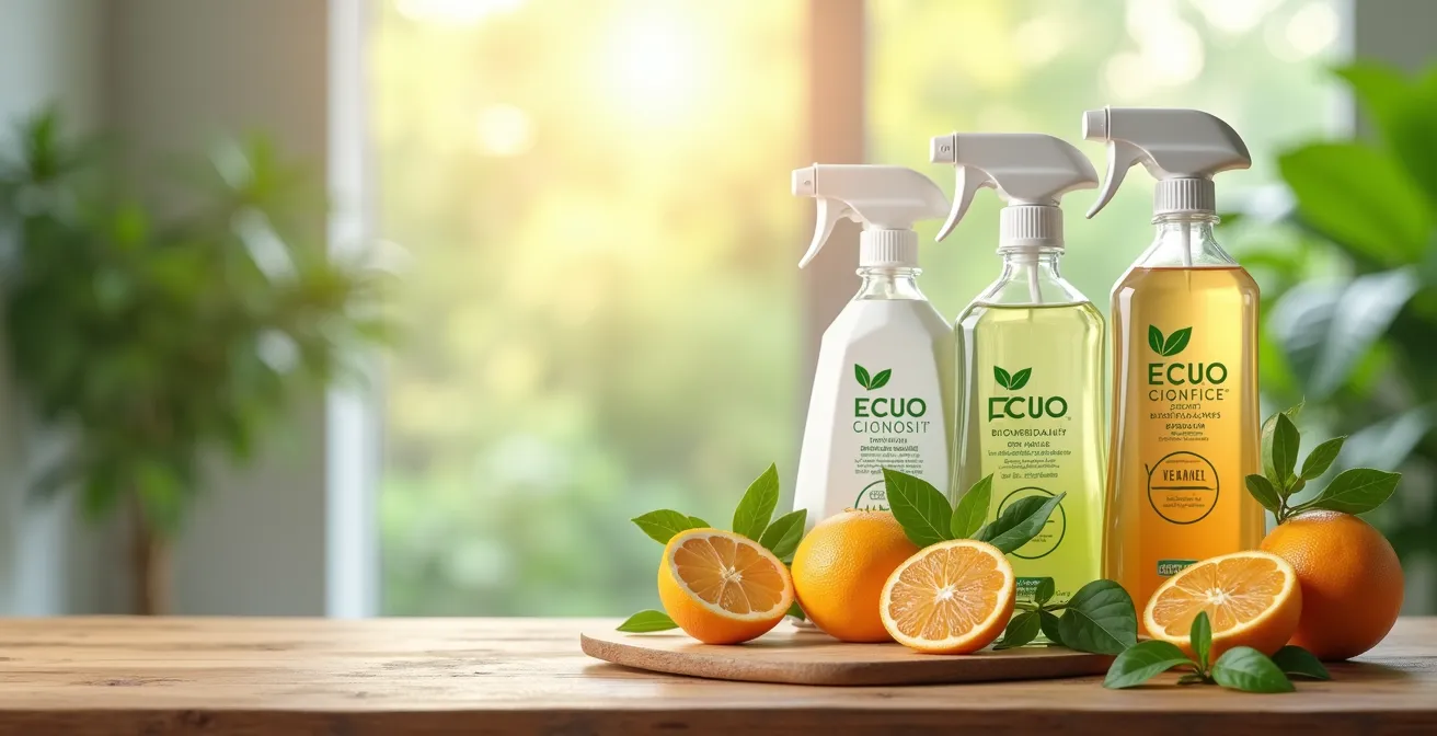 Produits de nettoyage écologiques et durables disposés sur une table en matériaux naturels