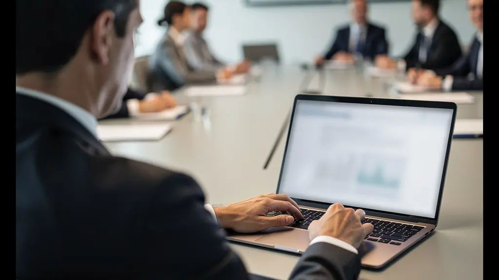 Rédacteur prenant des notes sur ordinateur pendant une réunion d'entreprise