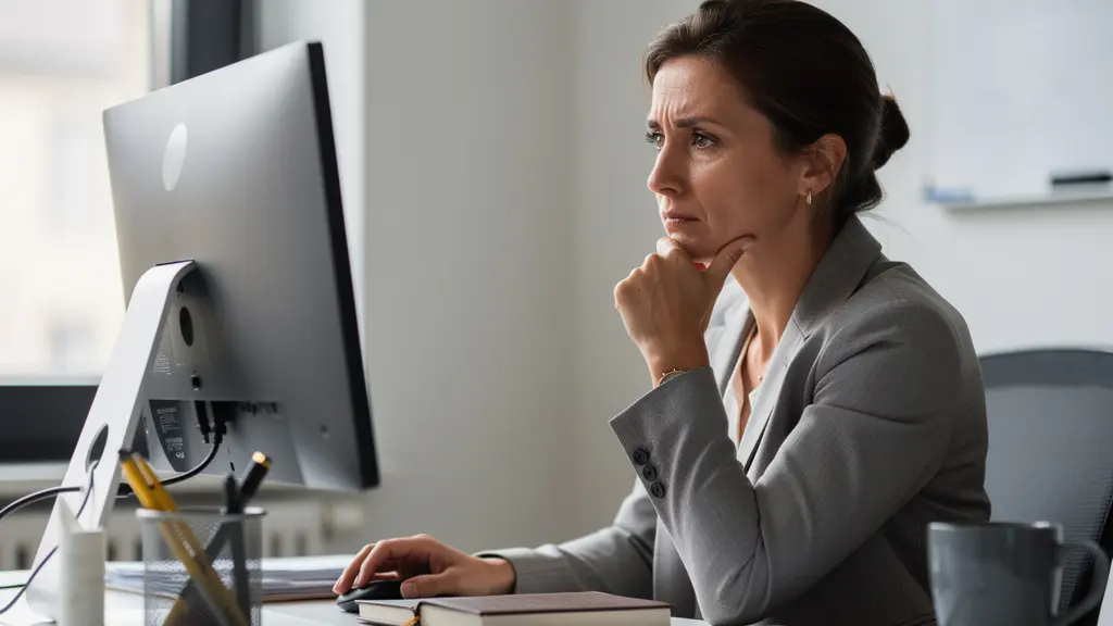Responsable administrative fatiguée devant son ordinateur après une longue journée