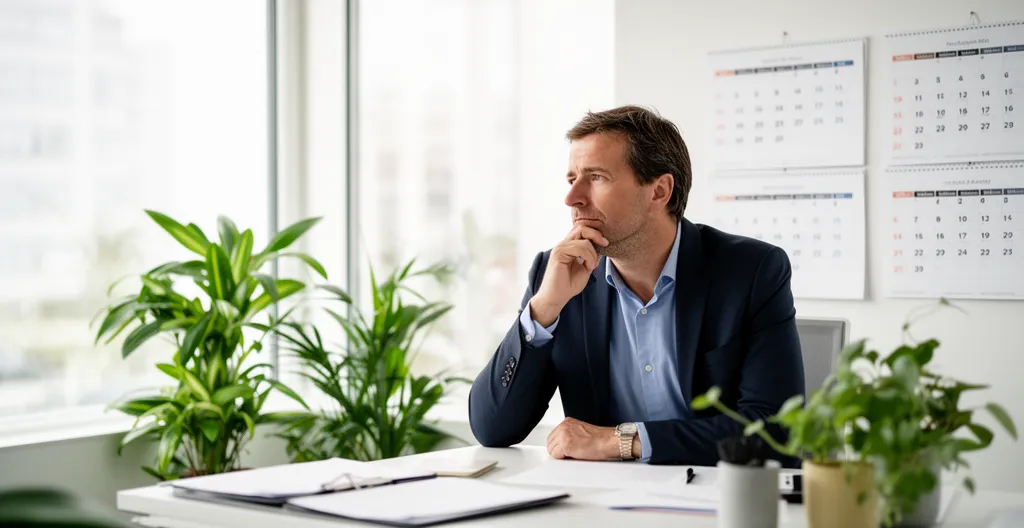 Dirigeant d'entreprise planifiant son calendrier de trésorerie dans un bureau moderne