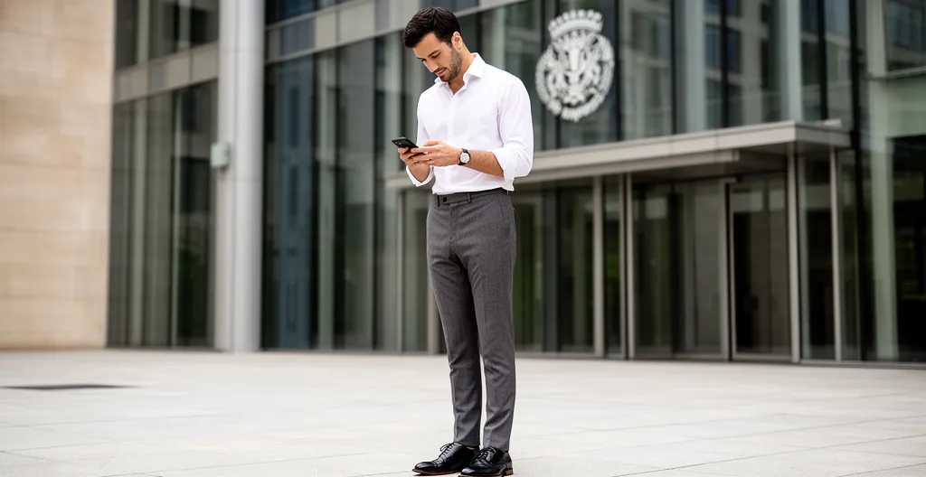 Entrepreneur consultant les dispositifs d'aides aux entreprises sur son smartphone devant un bâtiment institutionnel