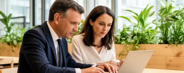 Dirigeant PME et conseillère en financement analysant un projet de subvention dans un espace de coworking