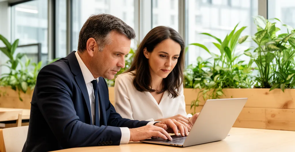 Dirigeant PME et conseillère en financement analysant un projet de subvention dans un espace de coworking