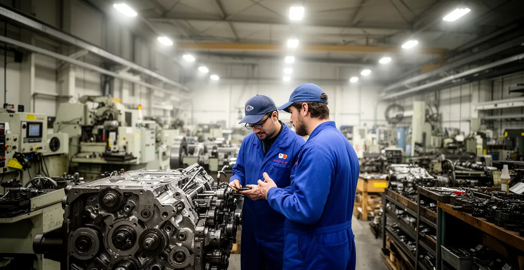 Techniciens examinant un équipement industriel dans un atelier de production PME pour projet de subvention